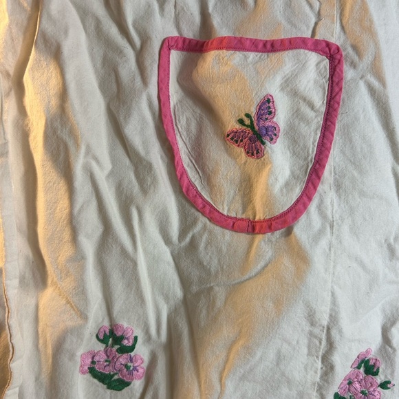 Vintage Half Apron Embroidered Flowers Pockets Pink Trim M-XL Butterfly Tie Back - Picture 5 of 6